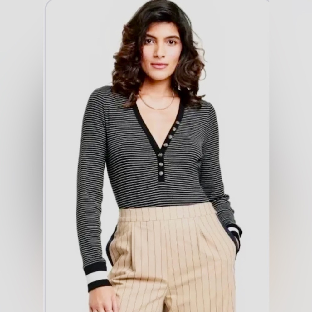 La Ligne x Target Womens Long Sleeve Bodysuit Black White Knit Stripe Top Size L